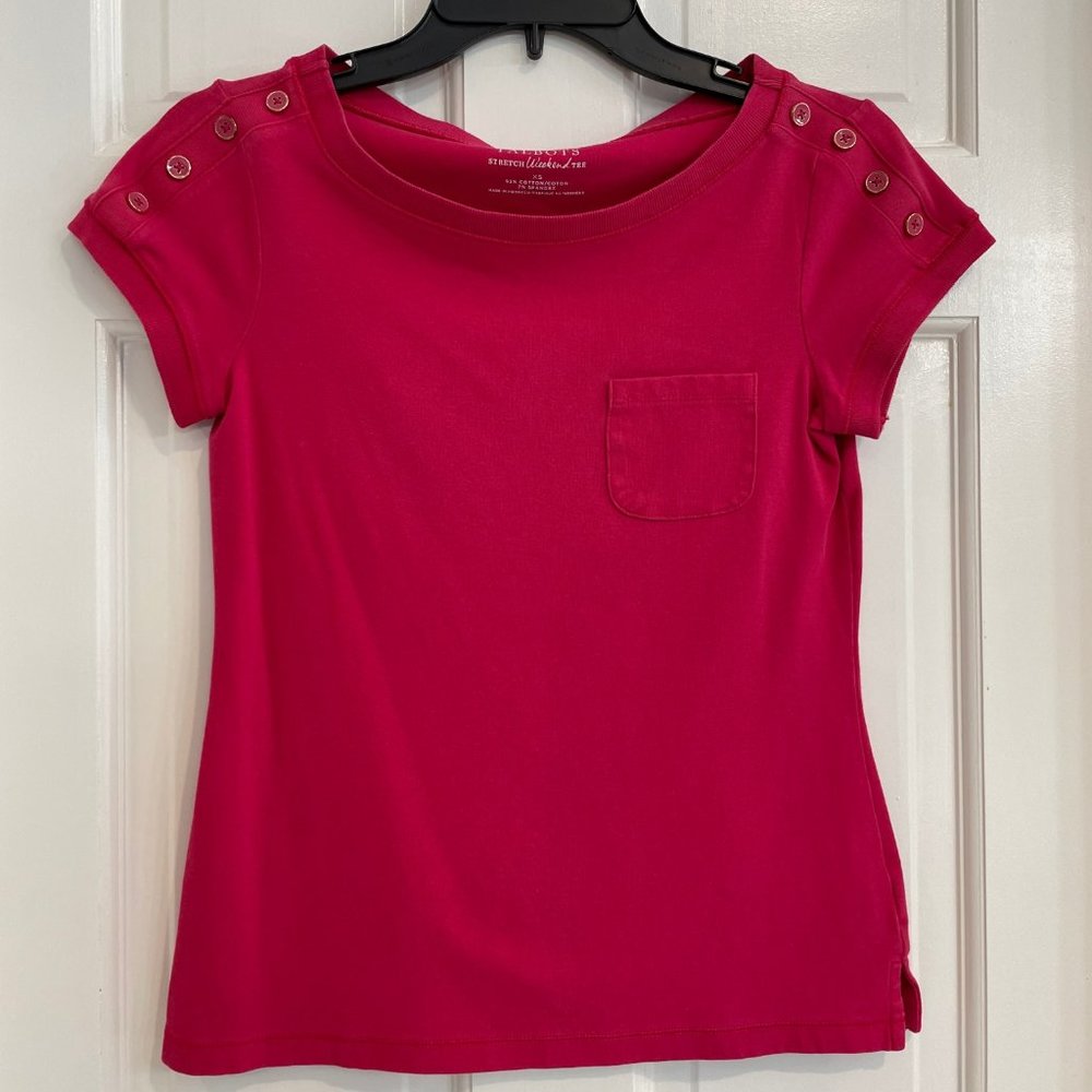 Talbots Pink Stretch Weekend T-shirt Front Pocket Button Shoulder Detail XS GUC